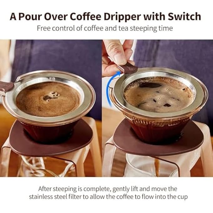 كاست ويف كوب قهوة قابل لإعادة الاستخدام بدون ورق، فلتر من الفولاذ المقاوم للصدأ مع مفتاح، كوب تخييم خارجي، ماكينة تحضير قهوة فردية مع كوب غير قابل للانزلاق، حامل سيليكون، تحكم مجاني في وقت نقع القهوة - Image 3