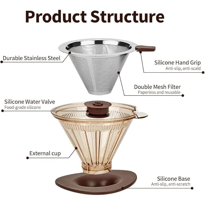 كاست ويف كوب قهوة قابل لإعادة الاستخدام بدون ورق، فلتر من الفولاذ المقاوم للصدأ مع مفتاح، كوب تخييم خارجي، ماكينة تحضير قهوة فردية مع كوب غير قابل للانزلاق، حامل سيليكون، تحكم مجاني في وقت نقع القهوة - Image 5