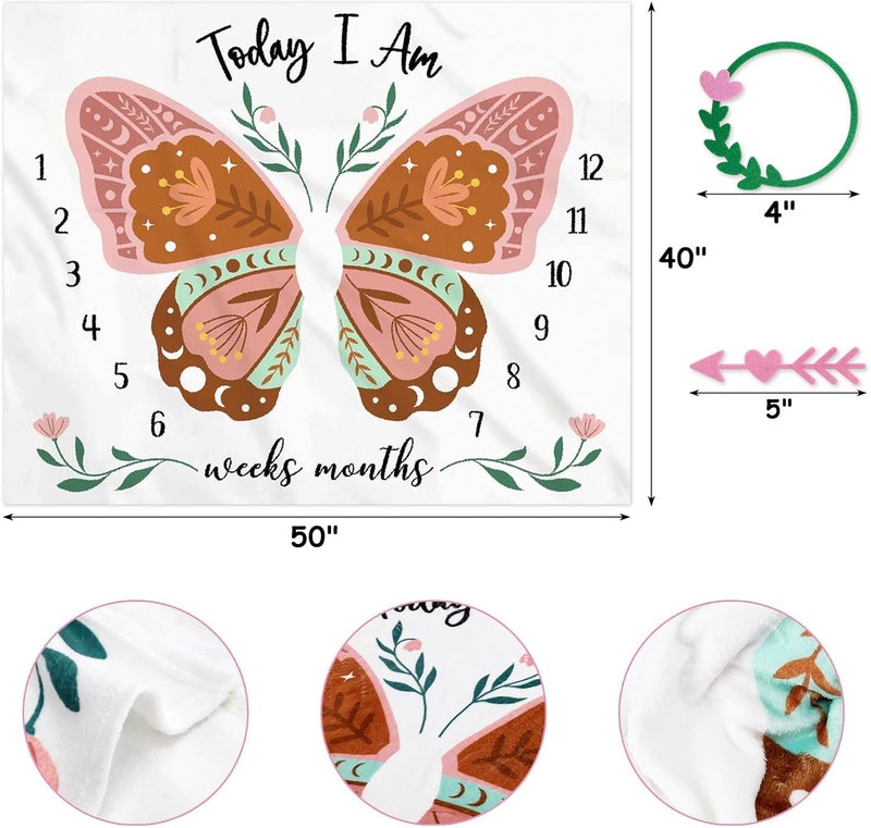 Gicoherero Boho Baby Blanket Butterfly Monthly Milestone Bohemian Floral Girl Photo Prop Sage Green and Pink Blanket Ideas for Personalized Baby Stuff Shower Newborn Decorations Nursery Gift Decor Mom - Image 2