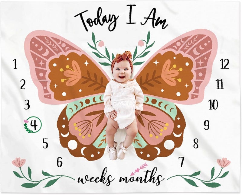 Gicoherero Boho Baby Blanket Butterfly Monthly Milestone Bohemian Floral Girl Photo Prop Sage Green and Pink Blanket Ideas for Personalized Baby Stuff Shower Newborn Decorations Nursery Gift Decor Mom - Image 1