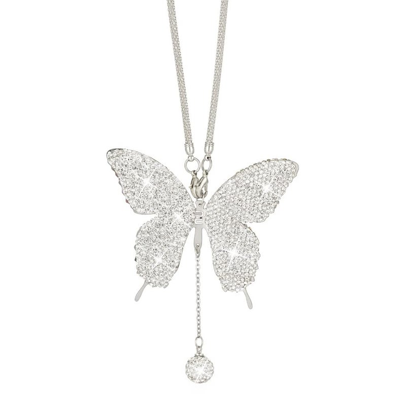 WedFeir Rhinestones Butterfly Diamond Car Accessories - Crystal Rear View Mirror Charms for Women, Valentine's Day Gifts - Silver - Image 1