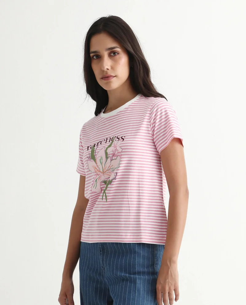 Rareism Women's Yarn Dyed Printed T Shirt