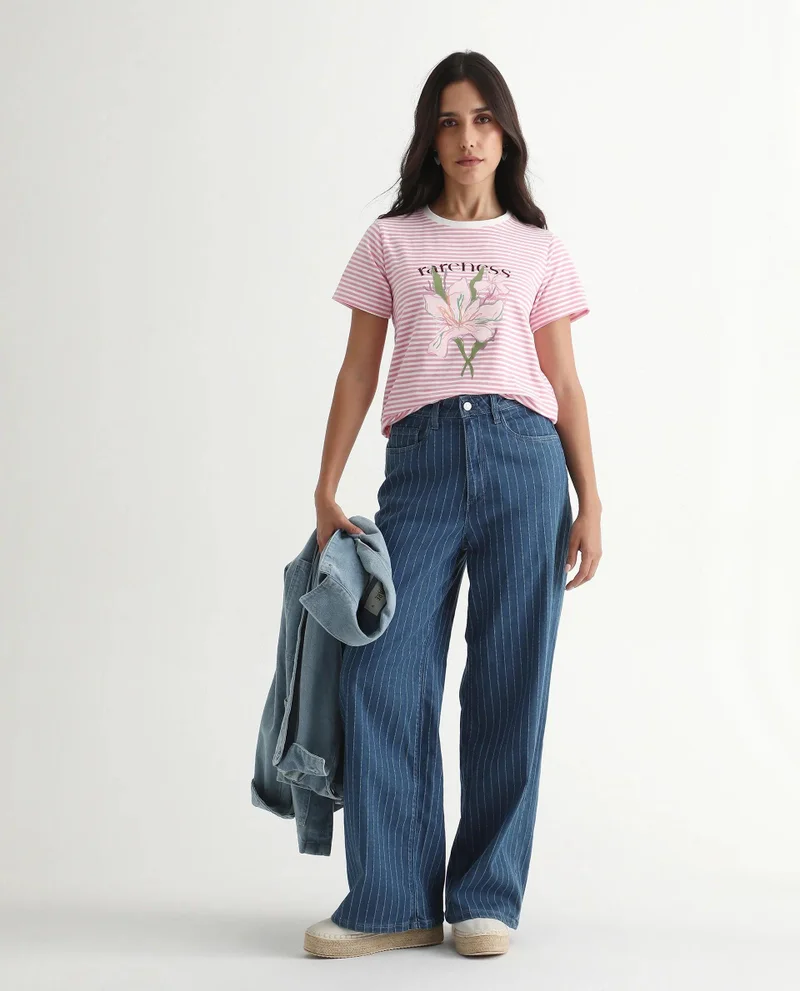 Rareism Women's Yarn Dyed Printed T Shirt