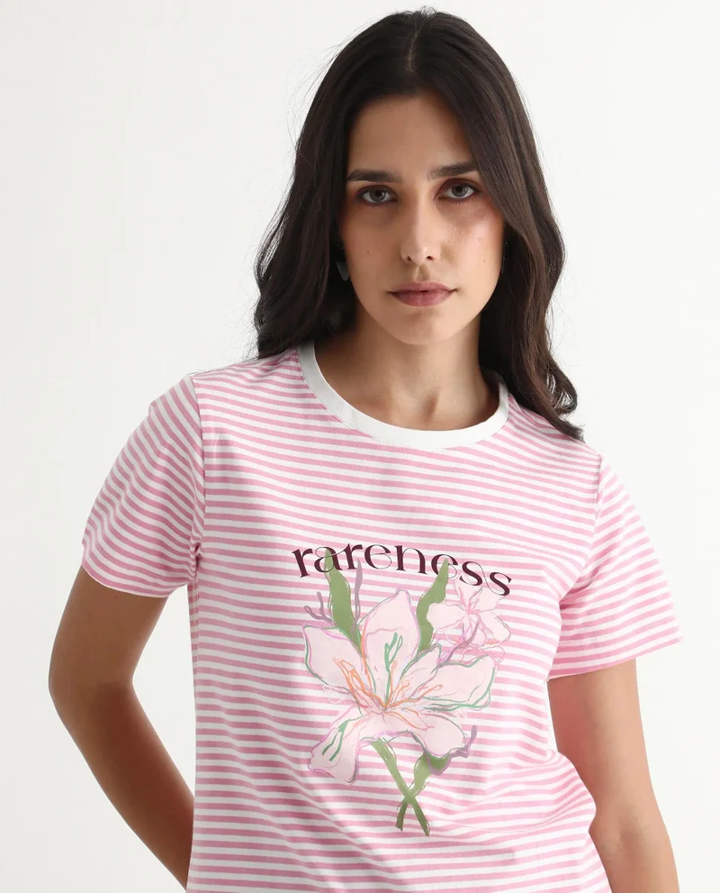 Rareism Women's Yarn Dyed Printed T Shirt