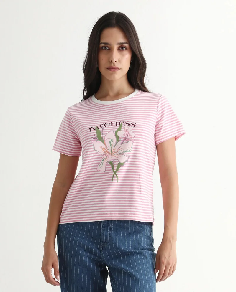 Rareism Women's Yarn Dyed Printed T Shirt
