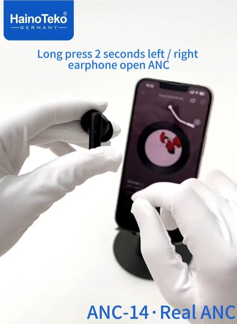 هينو تيكو ANC-14 Wireless Bluetooth Earphones with Real Active Noise Cancellation, Deep Bass Sound, Crystal-Clear Call Microphone, Multi-Functional Touch Controls, Long Battery Life, and Android Compatibility – Black - Image 4