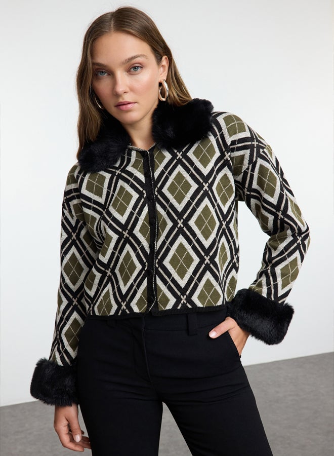 trendyol Black Removable Faux Fur Glitter Crop Knitwear Cardigan - Image 2