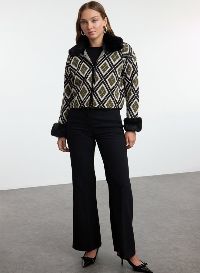 trendyol Black Removable Faux Fur Glitter Crop Knitwear Cardigan - Image 1