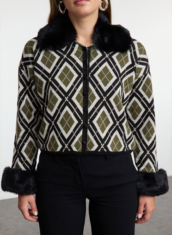 trendyol Black Removable Faux Fur Glitter Crop Knitwear Cardigan - Image 3