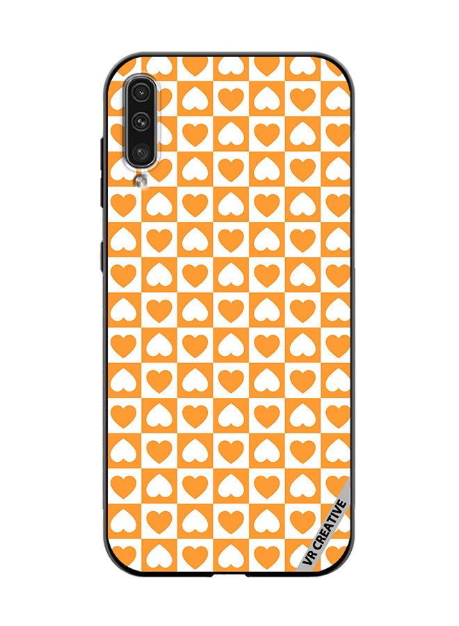 VR CREATIVE Protective Case Cover For Samsung Galaxy A50/A50s Seamless Pattern With White And Orange Checkerboard And Hearts Design Multicolour - Image 1