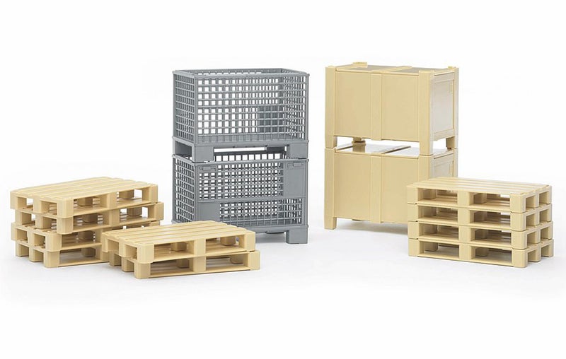 Bruder 02415 Logistics Set with Pallets, Warehouse and Trailer Bins, and Forklift Crates, 14 Piece Set - Image 1