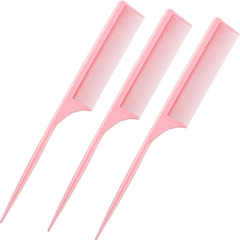 Leinuosen 3 Pack Carbon Fiber Rat Tail Styling Comb Heat Resistant Anti Static Teasing for Back Combing Root Teasing Adding Volume Evening StylingPink