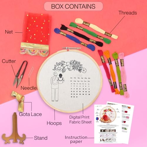 picknMAKE Fabric DIY Personalized Wedding Anniversary Embroidery Kit for Beginners, Calendar Hoop Art with 3D Bride & Groom Design, Floral Motifs, & Display Stand Perfect for Weddings & Anniversaries - Image 2