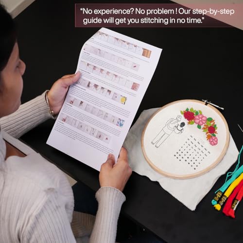 picknMAKE Fabric DIY Personalized Wedding Anniversary Embroidery Kit for Beginners, Calendar Hoop Art with 3D Bride & Groom Design, Floral Motifs, & Display Stand Perfect for Weddings & Anniversaries - Image 3