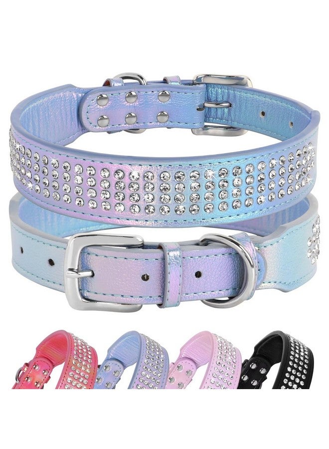 Beirui Bling Rhinestone Dog Collar with Diamonds Studded - Colorful PU Leather Padded 1.5 Inch Wide - Heavy Duty Bedazzled Dog Collar for Medium Large Dogs,19-24",Blue - Image 1
