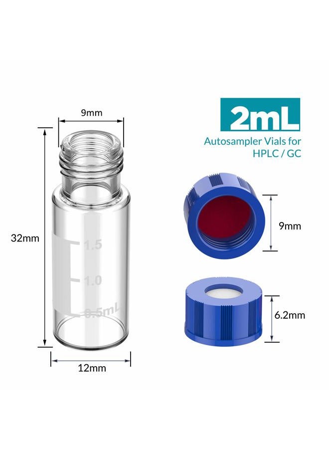 Membrane Solutions 100 Pcs 2ml HPLC Vials, Autosampler Vials, 9-425 Sample Vials with Write-on Spot, Graduations, 9mm Blue ABS Screw Caps & Septa for GC Sample vials - Image 2
