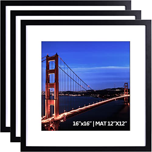 Yaetm 16x16 Picture Frame Black Set of 3, Square 16x16 Frame Displays 12x12 with Mat or 16 x 16 without Mat, Gallery Wall Frames for Wall Mounting (3 Pack, Black) - Image 1