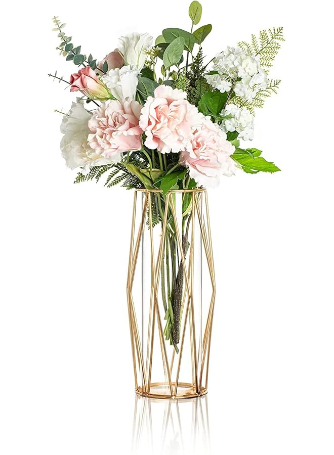 إيروريكس مزهرية زجاجية مع حامل معدني مزهرية داخلية شفافة من الكريستال مطلية بالذهب بإطار معدني هندسي ذهبي ديكور حديث نورديك للمنزل والمكتب وحفلات الزفاف والعطلات والهدايا بارتفاع 28 سم - Image 1