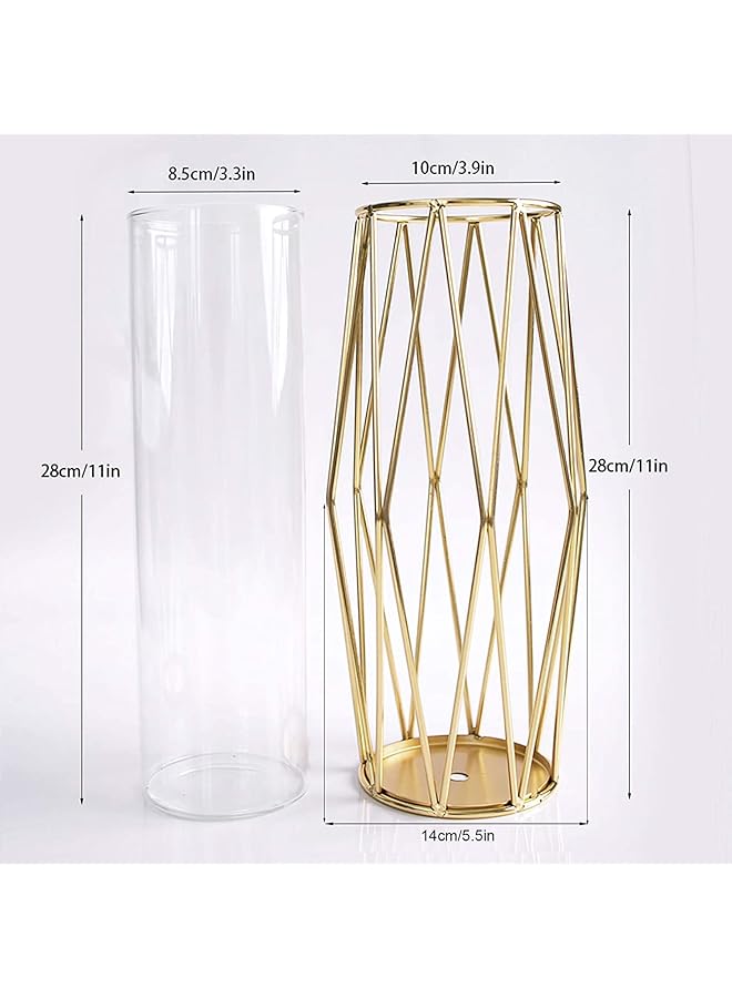 إيروريكس مزهرية زجاجية مع حامل معدني مزهرية داخلية شفافة من الكريستال مطلية بالذهب بإطار معدني هندسي ذهبي ديكور حديث نورديك للمنزل والمكتب وحفلات الزفاف والعطلات والهدايا بارتفاع 28 سم - Image 3