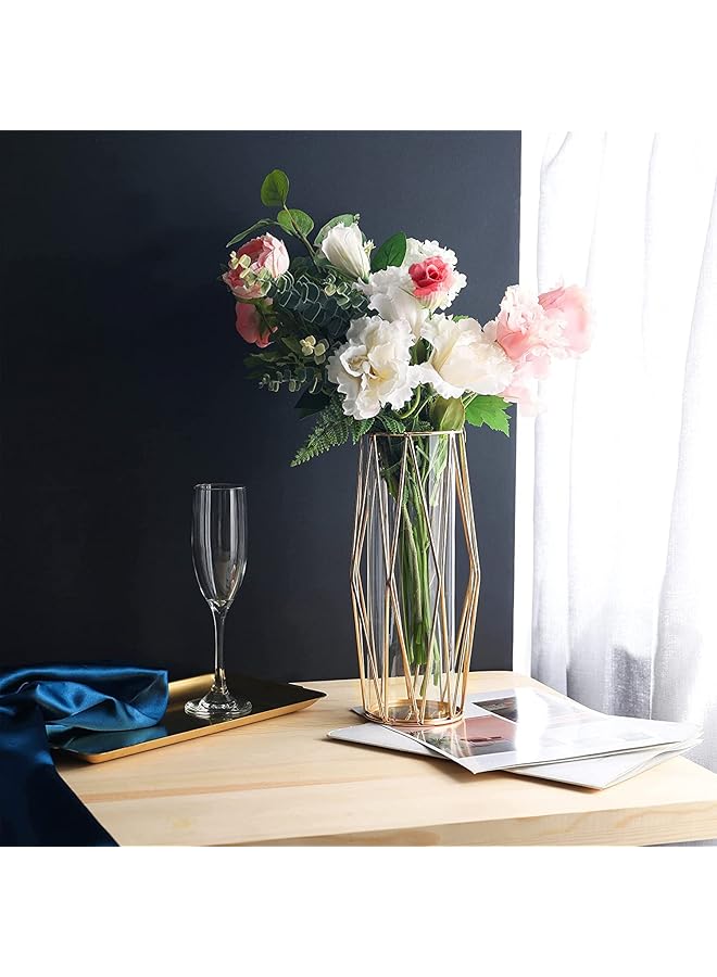 إيروريكس مزهرية زجاجية مع حامل معدني مزهرية داخلية شفافة من الكريستال مطلية بالذهب بإطار معدني هندسي ذهبي ديكور حديث نورديك للمنزل والمكتب وحفلات الزفاف والعطلات والهدايا بارتفاع 28 سم - Image 2