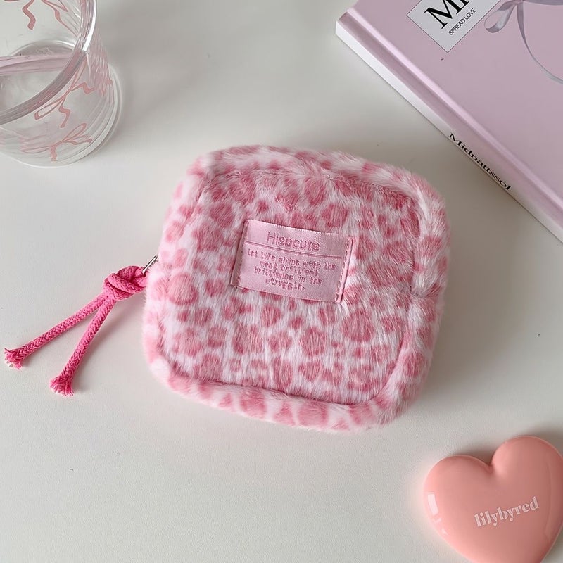 Pink Leopard Print Plush Square Makeup Bag Travel Storage Cosmetic Organizer Compact Gift Carrier Multipurpose Rectangle Pouches - Image 1