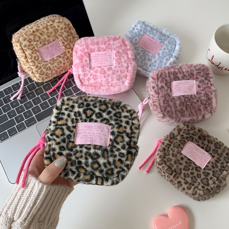 Pink Leopard Print Plush Square Makeup Bag Travel Storage Cosmetic Organizer Compact Gift Carrier Multipurpose Rectangle Pouches - Image 3