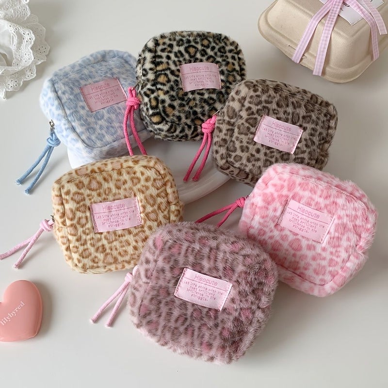 Pink Leopard Print Plush Square Makeup Bag Travel Storage Cosmetic Organizer Compact Gift Carrier Multipurpose Rectangle Pouches - Image 2