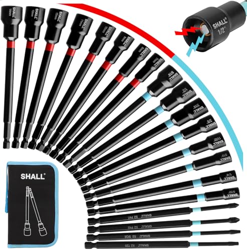 SHALL 20PCS Magnetic Nut Driver Set, 6” Long Nut Drivers for Impact Drill, SAE & Metric 1/4” Hex Shank Nut Driver Bit & Impact Drill Driver Bit w/Power Screwdriver Bits PH1/PH2/SQ2/T20, Storage Bag - Image 1