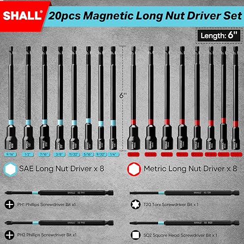 SHALL 20PCS Magnetic Nut Driver Set, 6” Long Nut Drivers for Impact Drill, SAE & Metric 1/4” Hex Shank Nut Driver Bit & Impact Drill Driver Bit w/Power Screwdriver Bits PH1/PH2/SQ2/T20, Storage Bag - Image 2