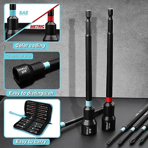 SHALL 20PCS Magnetic Nut Driver Set, 6” Long Nut Drivers for Impact Drill, SAE & Metric 1/4” Hex Shank Nut Driver Bit & Impact Drill Driver Bit w/Power Screwdriver Bits PH1/PH2/SQ2/T20, Storage Bag - Image 5