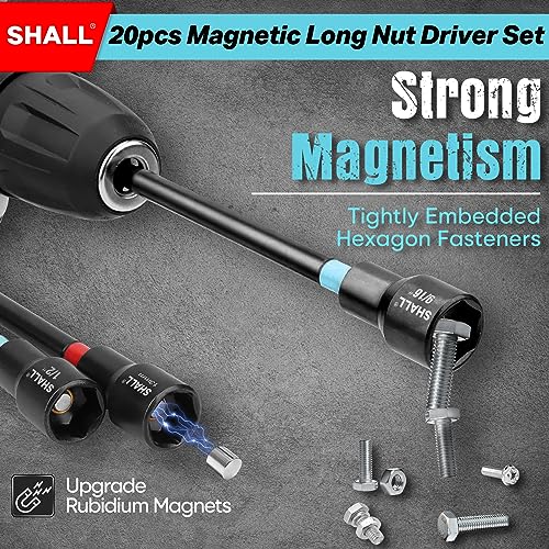 SHALL 20PCS Magnetic Nut Driver Set, 6” Long Nut Drivers for Impact Drill, SAE & Metric 1/4” Hex Shank Nut Driver Bit & Impact Drill Driver Bit w/Power Screwdriver Bits PH1/PH2/SQ2/T20, Storage Bag - Image 3