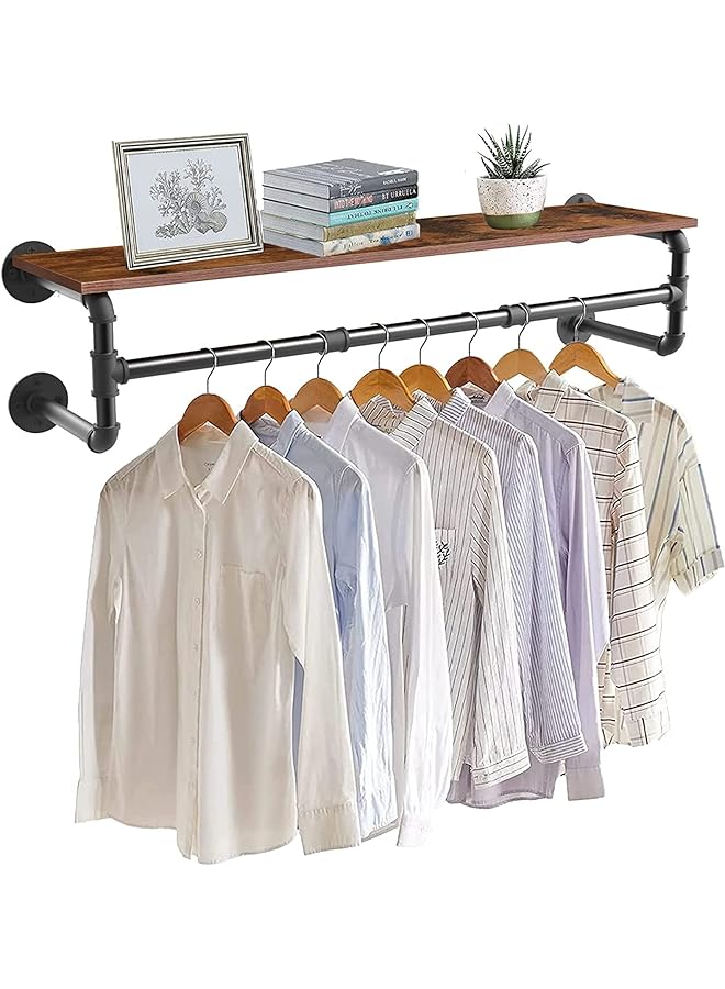 Zaboon Mounted Clothes Rack Shelf: Industrial Pipe Garment Bar With Shelves Black Iron Display Hanging Clothes Rod Heavy Duty Iron Storage Bracket For Living Room Laundry Kitchen - Image 1