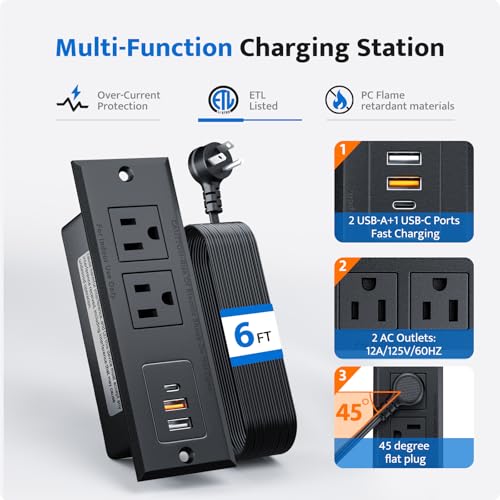 DOACE Recessed Power Strip with USB C Fast Charging Conference Recessed Outlet,Space-Saver for Furniture Side Table,2 AC Outlets,3 USB Ports,6ft Cord, for Home - Image 4