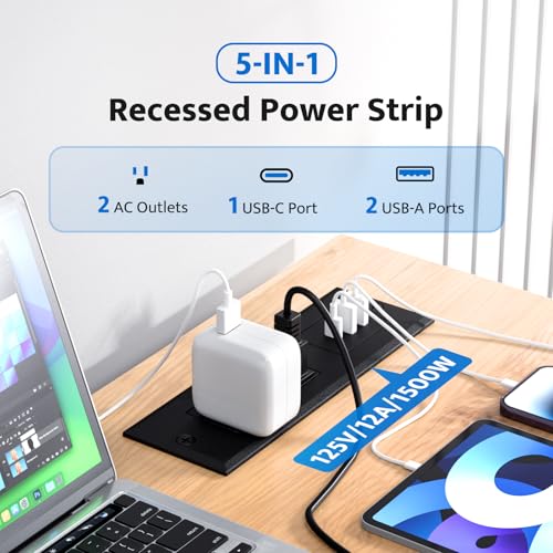 DOACE Recessed Power Strip with USB C Fast Charging Conference Recessed Outlet,Space-Saver for Furniture Side Table,2 AC Outlets,3 USB Ports,6ft Cord, for Home - Image 2