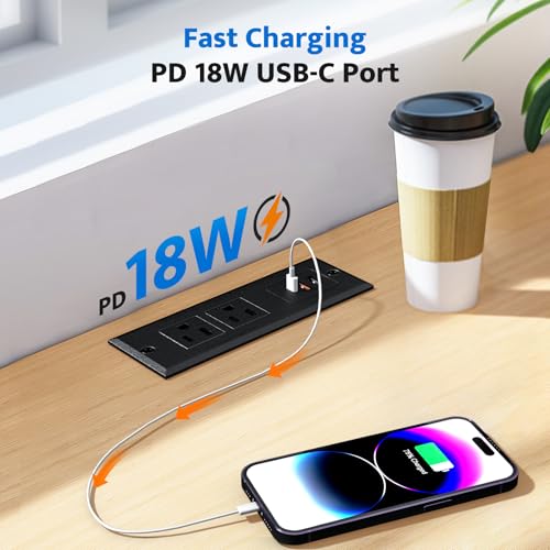 DOACE Recessed Power Strip with USB C Fast Charging Conference Recessed Outlet,Space-Saver for Furniture Side Table,2 AC Outlets,3 USB Ports,6ft Cord, for Home - Image 3