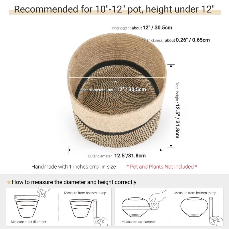 Dahey Jute Rope Plant Basket Modern Woven Storage Basket for 12" Indoor Planter, Decorative Flower Pots Cover Laundry Bin with Handle Rustic Home Decor, Black - Image 2
