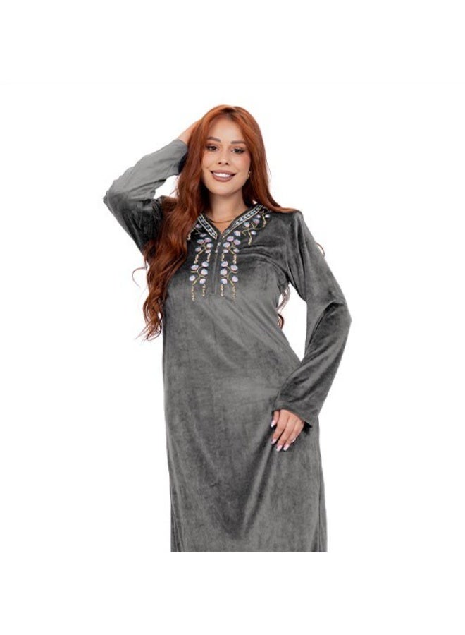 Dadoush Women's Long Velvet Embroidered Abaya, Dazzling Winter Nightgown, Soft Straight Fit Nightdress by Dadoush - Image 2