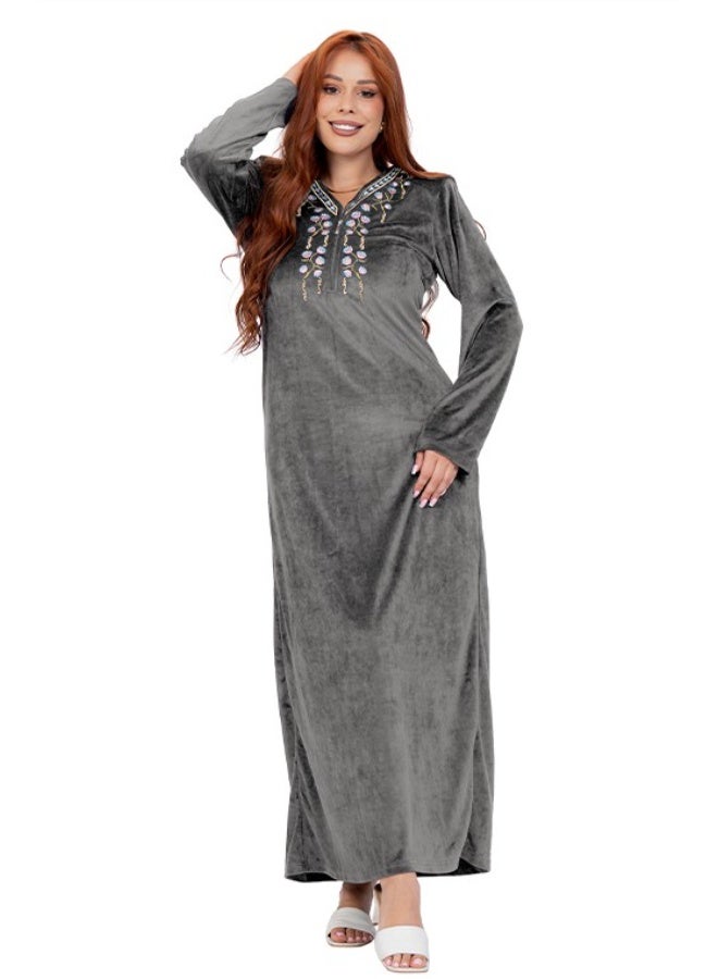 Dadoush Women's Long Velvet Embroidered Abaya, Dazzling Winter Nightgown, Soft Straight Fit Nightdress by Dadoush - Image 1