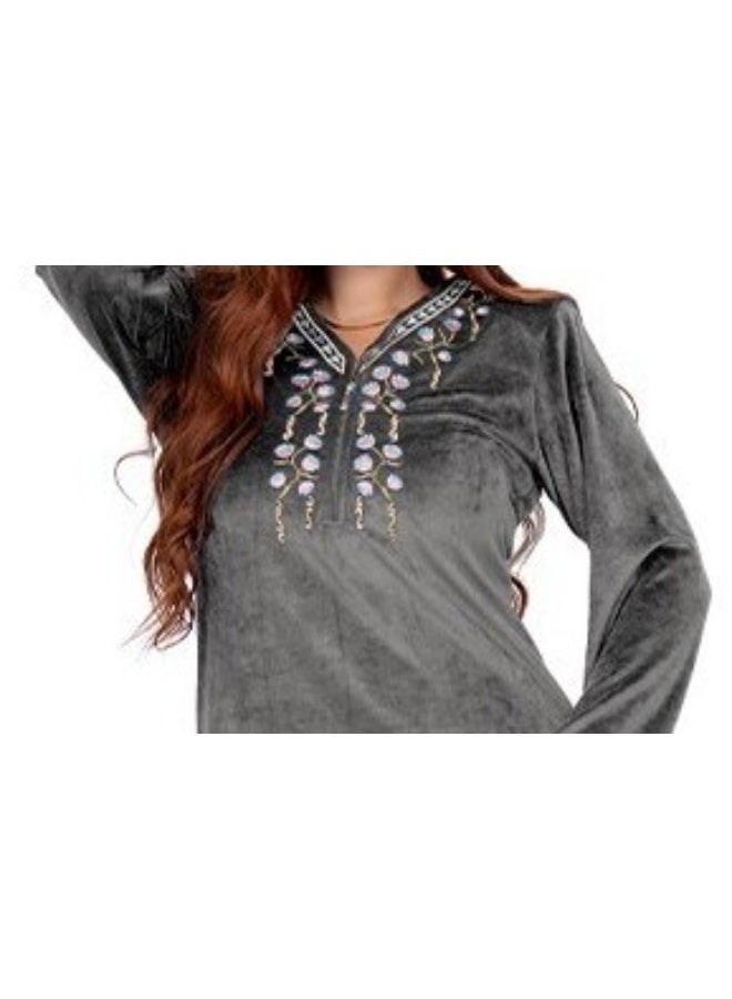 Dadoush Women's Long Velvet Embroidered Abaya, Dazzling Winter Nightgown, Soft Straight Fit Nightdress by Dadoush - Image 5