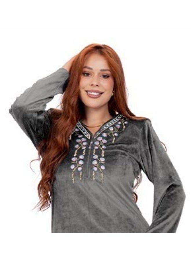 Dadoush Women's Long Velvet Embroidered Abaya, Dazzling Winter Nightgown, Soft Straight Fit Nightdress by Dadoush - Image 4