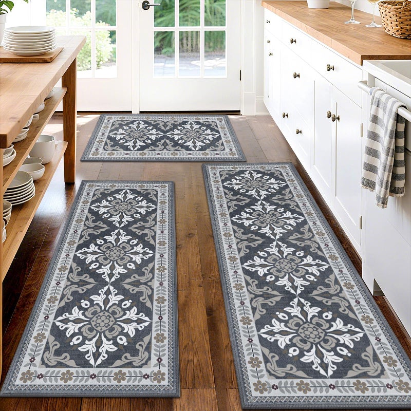 DailyCuddles 3-Piece Kitchen Rugs, Non-Slip & Washable Floor Mats, Water-Absorbent Area Pad, Standing Desk Mat for Office, Home, Doorway, Laundry, Kitchen Accessories (Grey) - Image 1