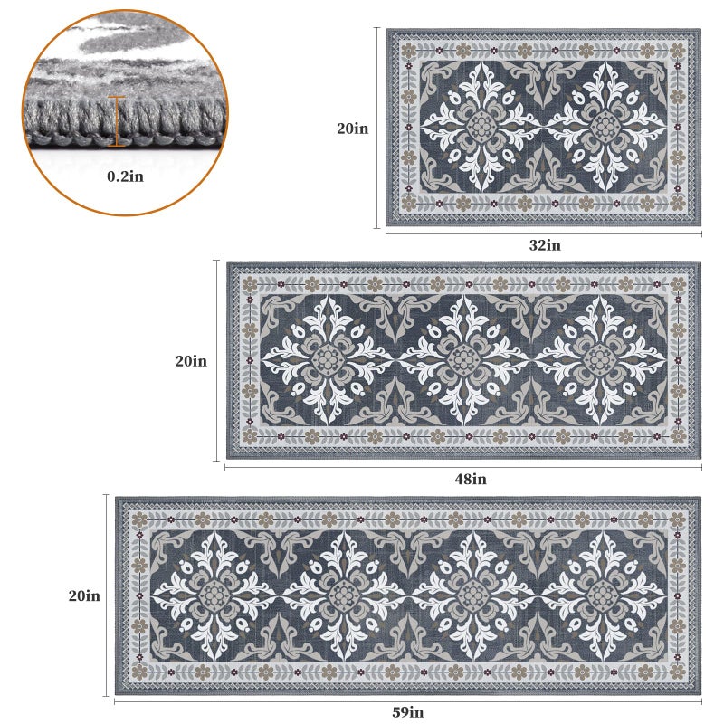 DailyCuddles 3-Piece Kitchen Rugs, Non-Slip & Washable Floor Mats, Water-Absorbent Area Pad, Standing Desk Mat for Office, Home, Doorway, Laundry, Kitchen Accessories (Grey) - Image 2