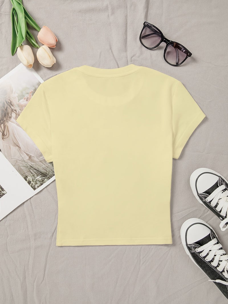 00008 - Women'S Tight Top Hibiscus Floral Print Pure Desire Korean Y2K Summer Round Neck Short Sleeve T - Shirt, Women'S Clothing QHH1315 - 【Light Yellow】 / XS - Image 2