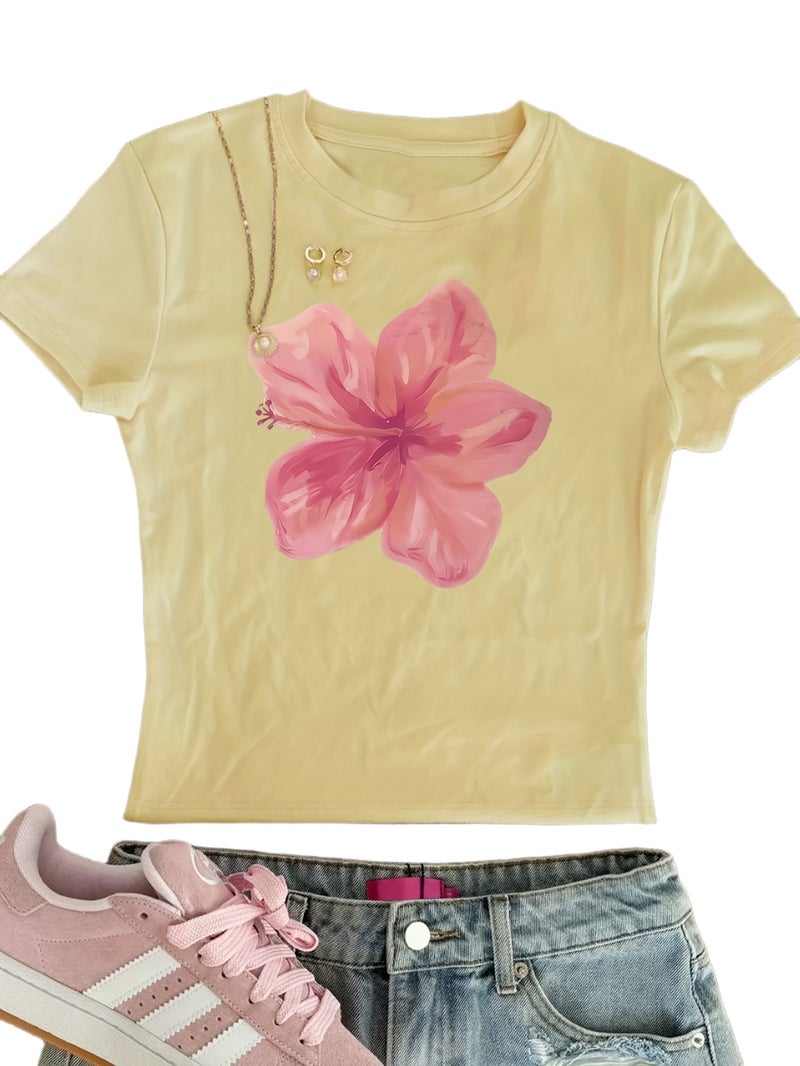 00008 - Women'S Tight Top Hibiscus Floral Print Pure Desire Korean Y2K Summer Round Neck Short Sleeve T - Shirt, Women'S Clothing QHH1315 - 【Light Yellow】 / XS - Image 1