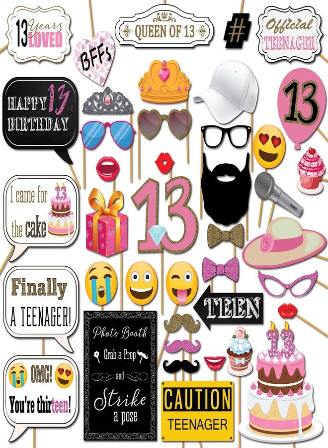 Outside The Booth 13th Birthday Photo Booth Props - 41-pc Photo Prop Kit with 8 x 10-Inch Sign, 60 Adhesive Pads, 45 Sticks - Teen Girl Photo Booth Props - Party Supplies 13th Birthday - Image 1