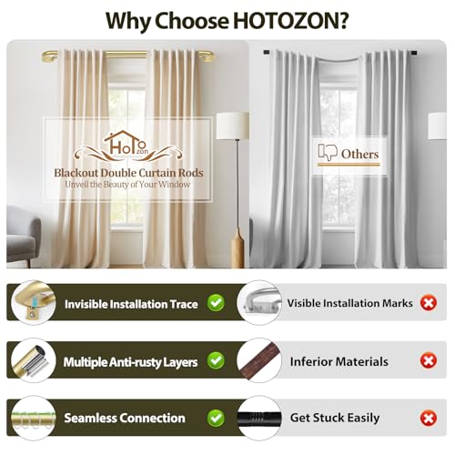 HOTOZON Double Curtain Rods 32 to 115 Inches, HOTOZON Blackout Double Curtain Rods for Windows 83 to 111 Inches (6.9-9.25 ft), 6/8 Inches Wrap Around Room Darkening Telescoping Drapery Rod, Gold - Image 5