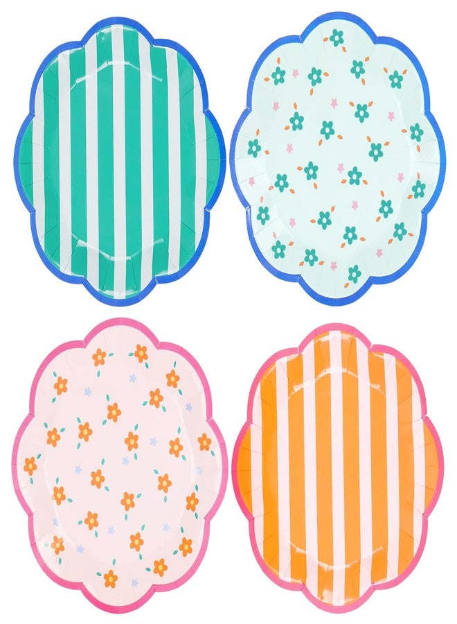 FYSUIMU 48 Pcs Italian Summer Paper Plates Party Plates 9 Inch Floral Striped Scalloped Disposable Dinner Plate for Bachelorette Party Baby Shower Birthday Tableware Supplies - Image 1