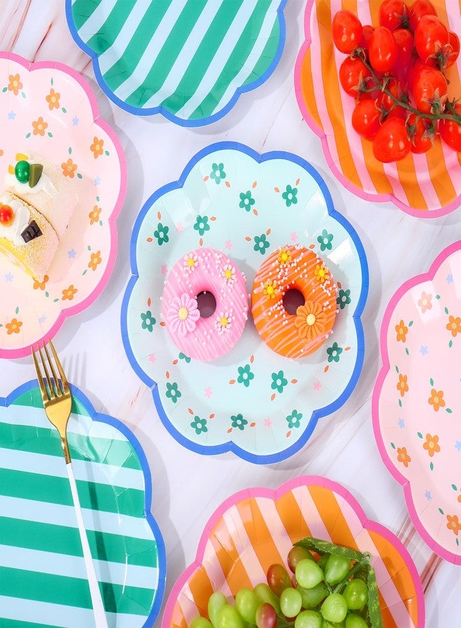 FYSUIMU 48 Pcs Italian Summer Paper Plates Party Plates 9 Inch Floral Striped Scalloped Disposable Dinner Plate for Bachelorette Party Baby Shower Birthday Tableware Supplies - Image 3