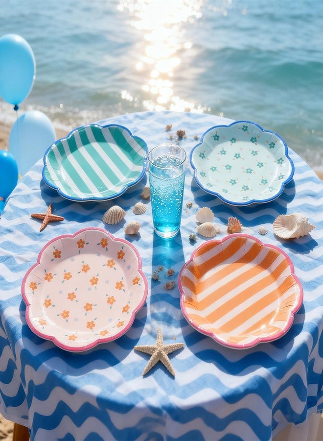FYSUIMU 48 Pcs Italian Summer Paper Plates Party Plates 9 Inch Floral Striped Scalloped Disposable Dinner Plate for Bachelorette Party Baby Shower Birthday Tableware Supplies - Image 5