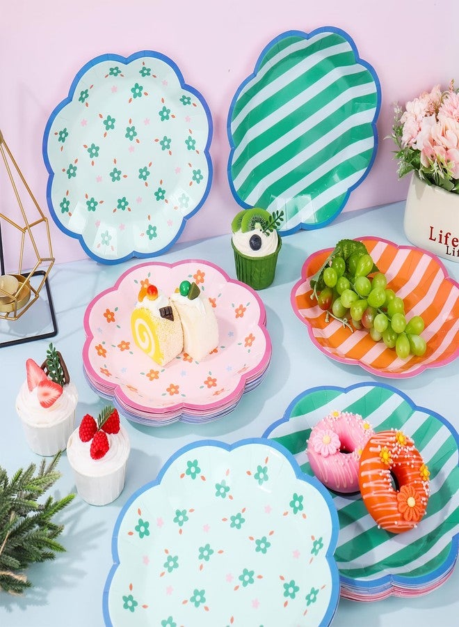 FYSUIMU 48 Pcs Italian Summer Paper Plates Party Plates 9 Inch Floral Striped Scalloped Disposable Dinner Plate for Bachelorette Party Baby Shower Birthday Tableware Supplies - Image 4
